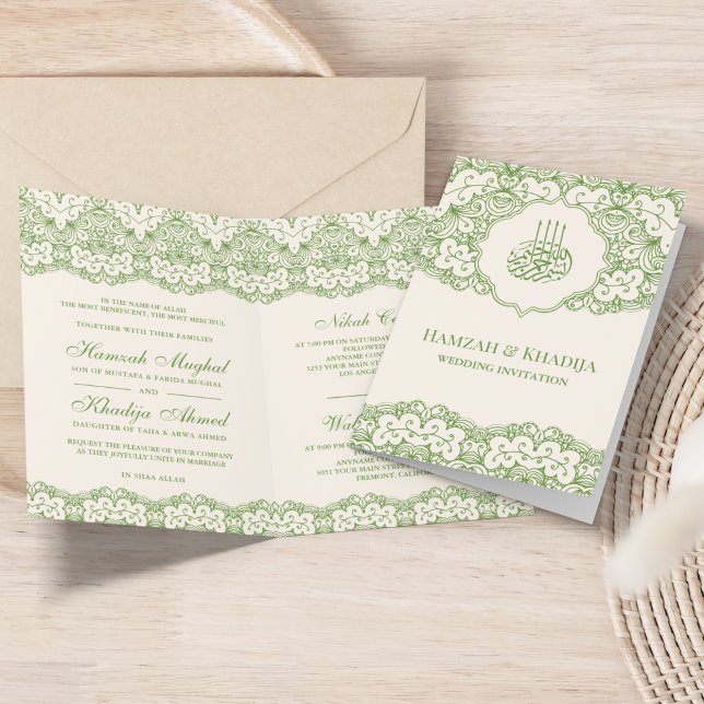 Invitation Crème et dentelle verte Mariage musulman islamique (Créateur téléchargé)