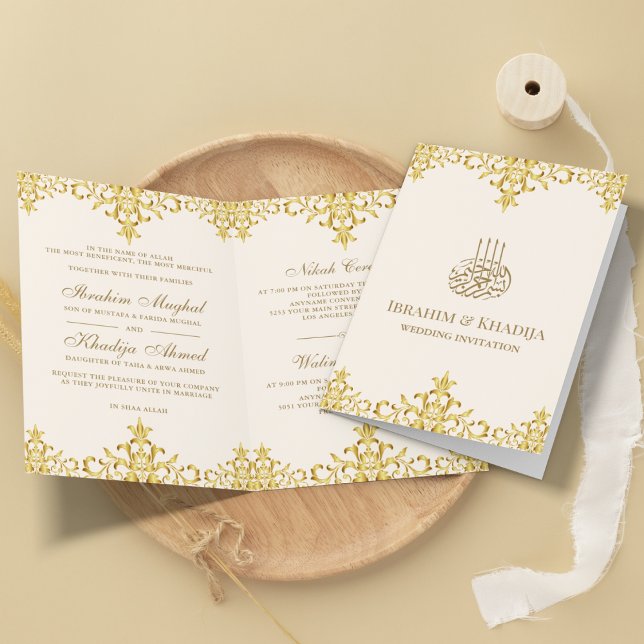Invitation Crème et feuille d'or Damassé Mariage Islamique (Créateur téléchargé)