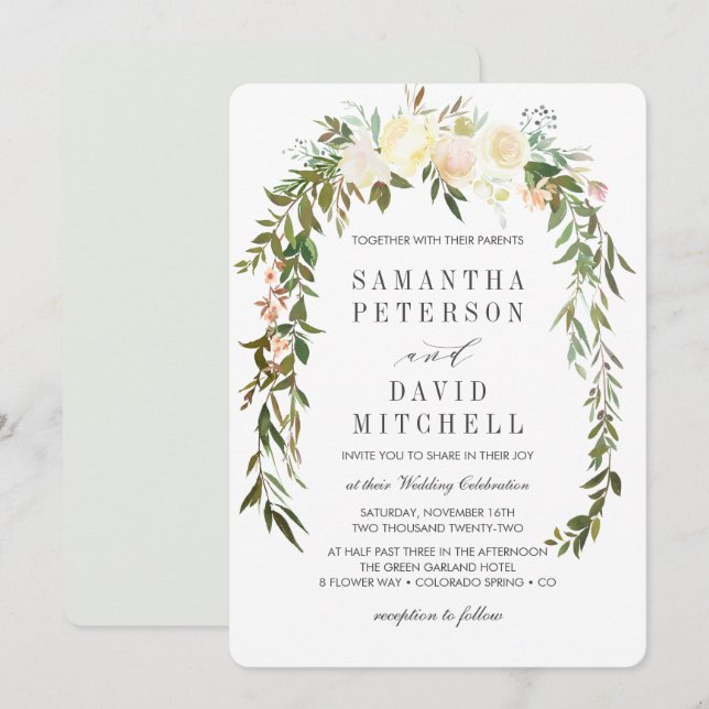 Invitation Crème et gris | Botanique Garland Mariage floral (Devant / Derrière)