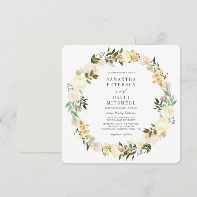 Invitation Crème et gris | Botanique Garland Mariage floral (Devant / Derrière)