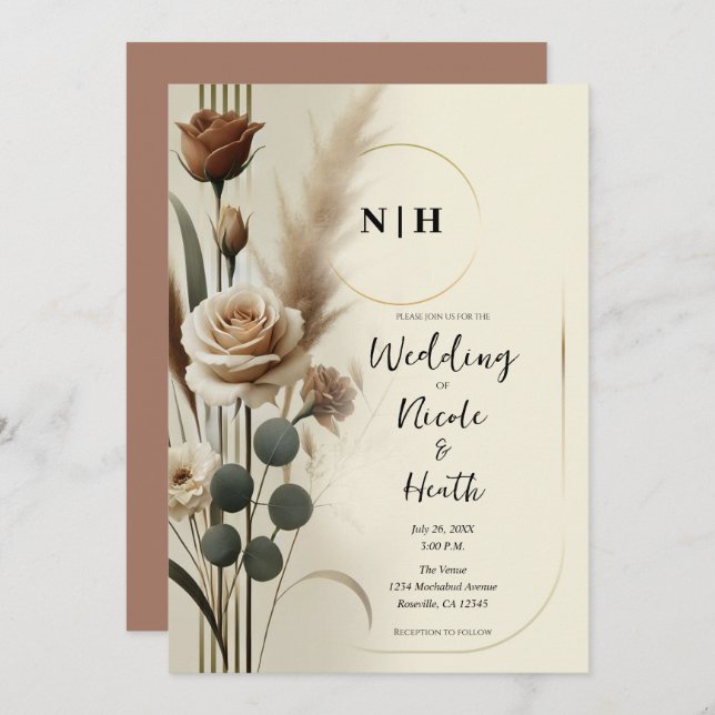 Invitation Crème et Mocha Mariage floral Neutre géométrique (Devant / Derrière)