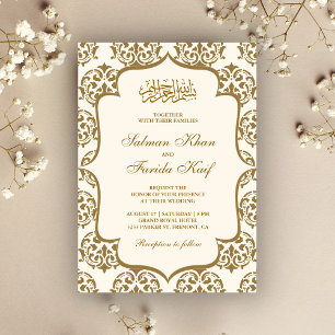 Invitation Crème et or Damask Mariage musulman islamique