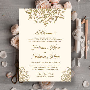 Invitation Crème et Or Henna Mehndi Mariage Islamique Musulma