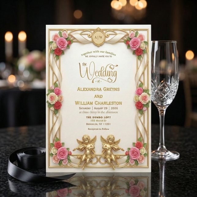 Invitation Crème et rose blush floral romantique mariage (Créateur téléchargé)