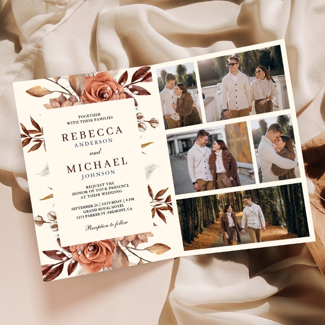 Invitation Crème et Terracotta Fleurs Code QR Mariage (Créateur téléchargé)