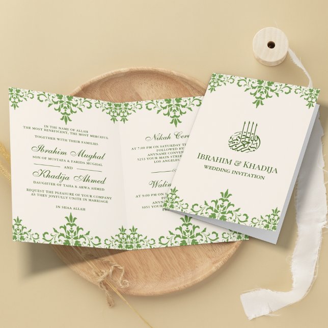 Invitation Crème et vert Damask Mariage musulman islamique (Créateur téléchargé)