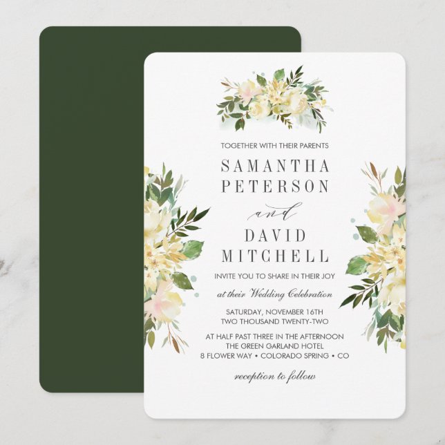 Invitation Crème et vert de forêt | Mariage végétal (Devant / Derrière)