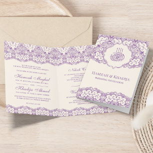Invitation Crème et Violet Mariage Islamique Musulman en Dent