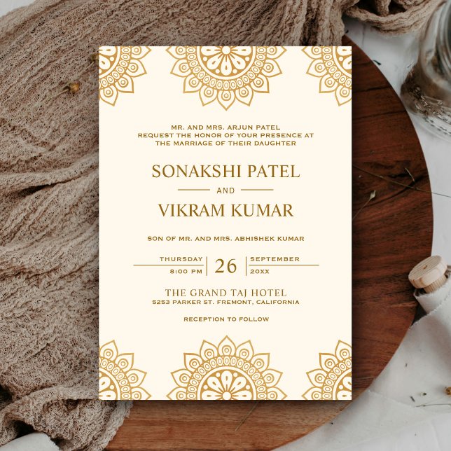 Invitation Crème ethnique et Mandala marron Mariage indien (Créateur téléchargé)
