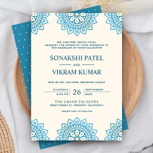 Invitation Crème ethnique et Mariage indien de Mandala bleu