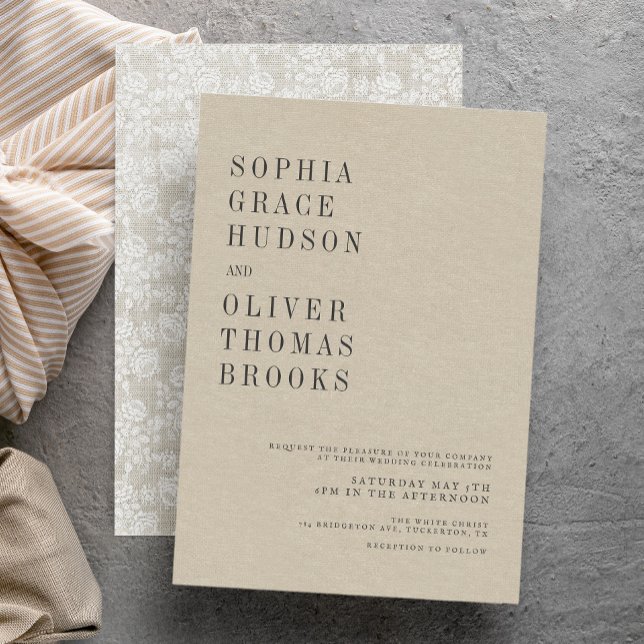 Invitation Crème Faux Lin & Lace Mariage campagnard Chic (Créateur téléchargé)