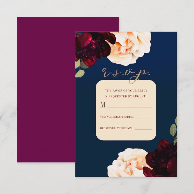 Invitation Crème Fleurie Marsala foncée & Marine Réponse R.S. (Devant / Derrière)