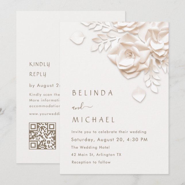 Invitation Crème Fleurs 3D Roses Simple Mariage (Devant / Derrière)