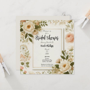 Invitation Crème Floral Carré Minimal Élégant Baby Shower de 