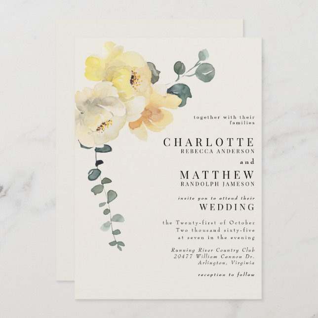 Invitation Crème Florale Jaune Mariage Élégant Aucun Parent (Devant / Derrière)