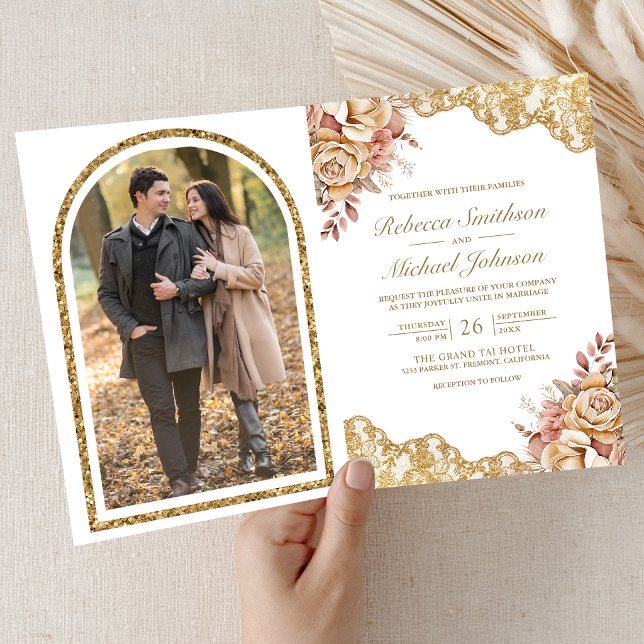 Invitation Crème Florale Or Broderie QR Code Photo Mariage (Créateur téléchargé)