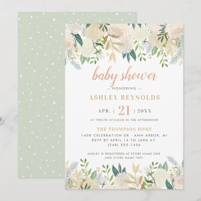 Invitation Crème floue Or Floral Verdure Baby shower fille (Devant / Derrière)