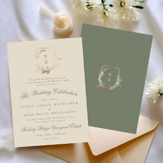 Invitation Crème formelle et Mariage de couronne d'or Monogra