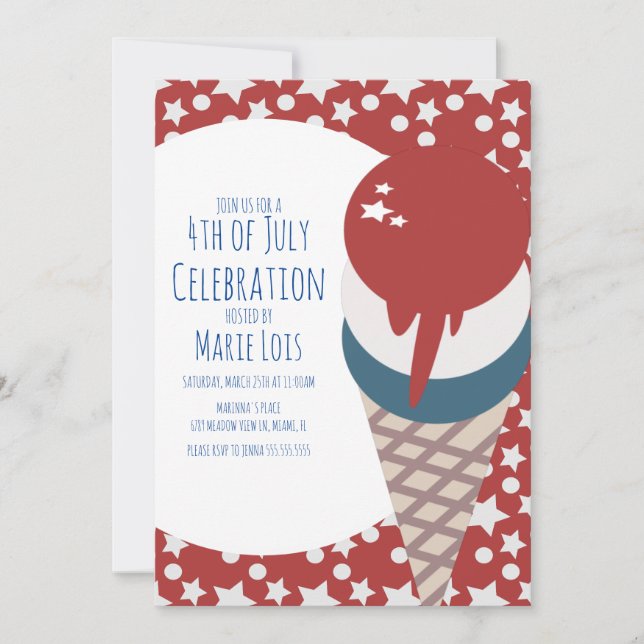 Invitation Crème Glacée 4 juillet Étoiles et Points Rouge  (Devant)