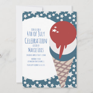 Invitation Crème Glacée 4 juillet Étoiles et Points Rouge 