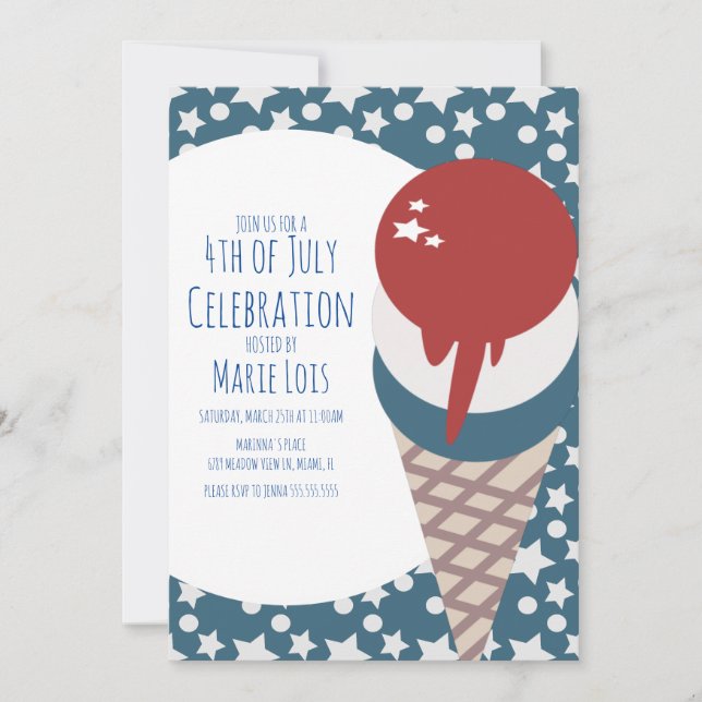 Invitation Crème Glacée 4 juillet Étoiles et Points Rouge  (Devant)