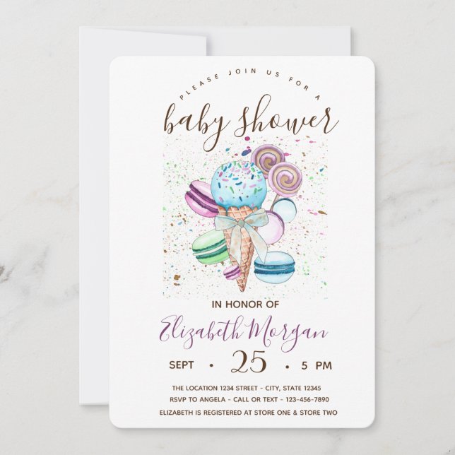 Invitation Crème glacée à l'aquarelle, Macarons, Fête de bébé (Devant)