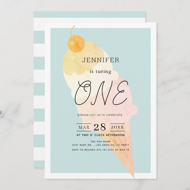 Invitation Crème glacée Bleu clair 1er anniversaire (Devant / Derrière)