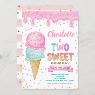 Invitation Crème glacée deux douces 2e anniversaire fête Pink