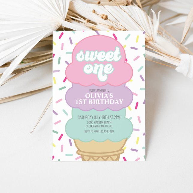 Invitation Crème glacée et arroses sucrées Un 1er anniversair (Créateur téléchargé)