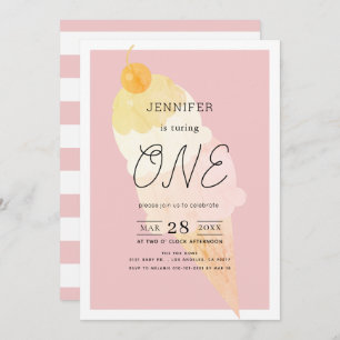 Invitation Crème glacée Fille à rayures roses 1er anniversair