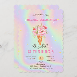Invitation Crème glacée florale Anniversaire holographique