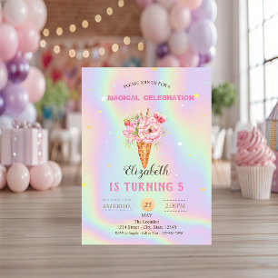 Invitation Crème Glacée Florale Anniversaire Holographique