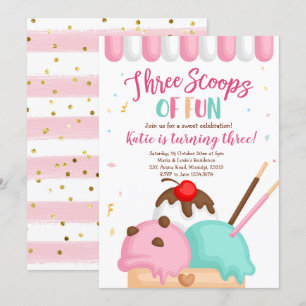 Invitation Crème glacée rose trois boules de plaisir annivers