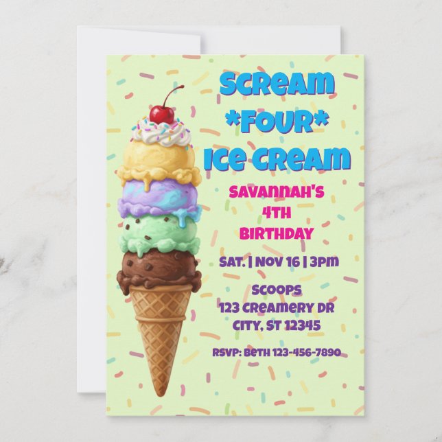 Invitation Crème Glacée Scream FOUR, 4e Anniversaire  (Devant)