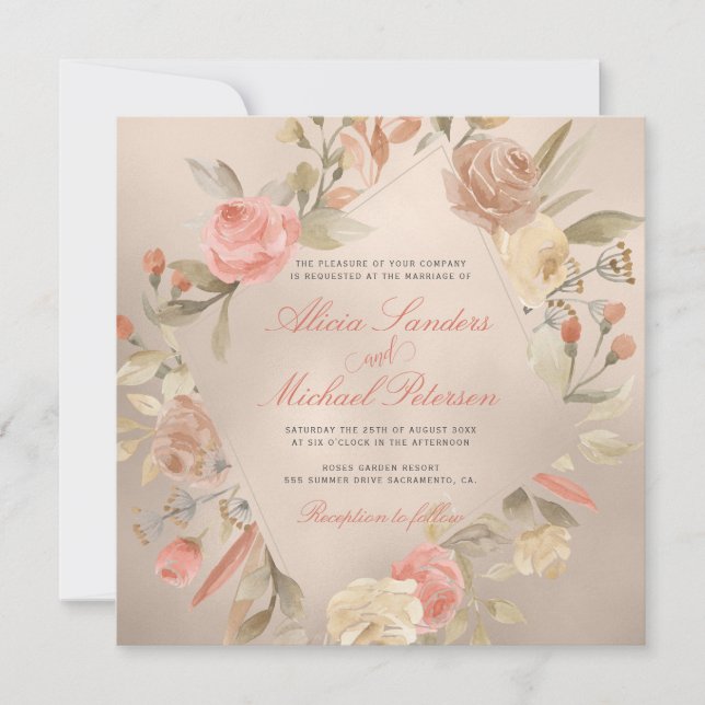 Invitation Crème glam Peach Classy Coral Gold Rose Mariage (Devant)