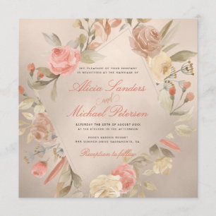 Invitation Crème glam Peach Classy Coral Gold Rose Mariage