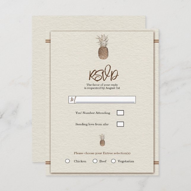 Invitation Crème Gold Brown Ananas Mariage minimal RSVP (Devant / Derrière)