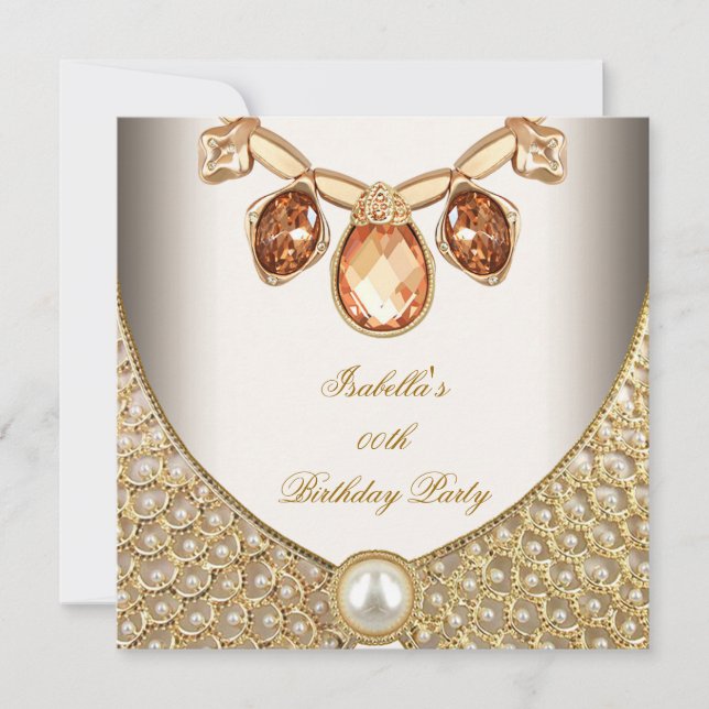 Invitation Crème Image Bijoux Perles Ambre Doré Anniversaire (Devant)