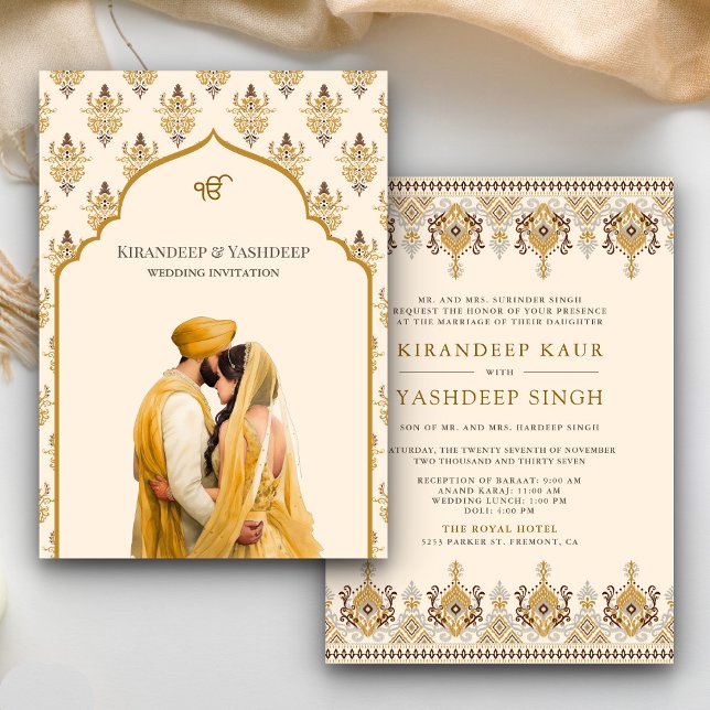 Invitation Crème jaune moutarde Ikat Anand Karaj Sikh Mariage (Créateur téléchargé)