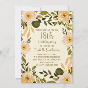 Invitation Crème Jaune Vert Floral 18e anniversaire