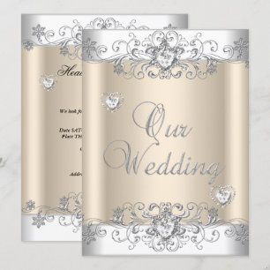 Invitation Crème Mariage Argent Coeurs Diamants Blancs