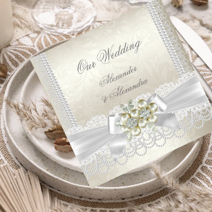 Invitation Crème mariage Blanc Pearl Lace Damask Diamond