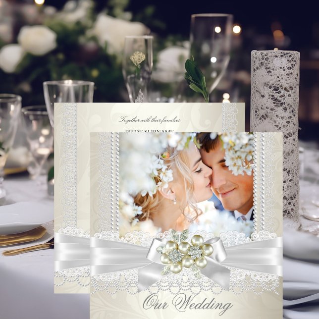 Invitation Crème mariage blanc perle dentelle Damask Diamond  (Créateur téléchargé)