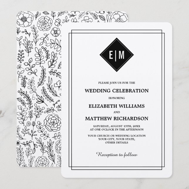 Invitation Crème | Mariage de modèle floral noir (Devant / Derrière)