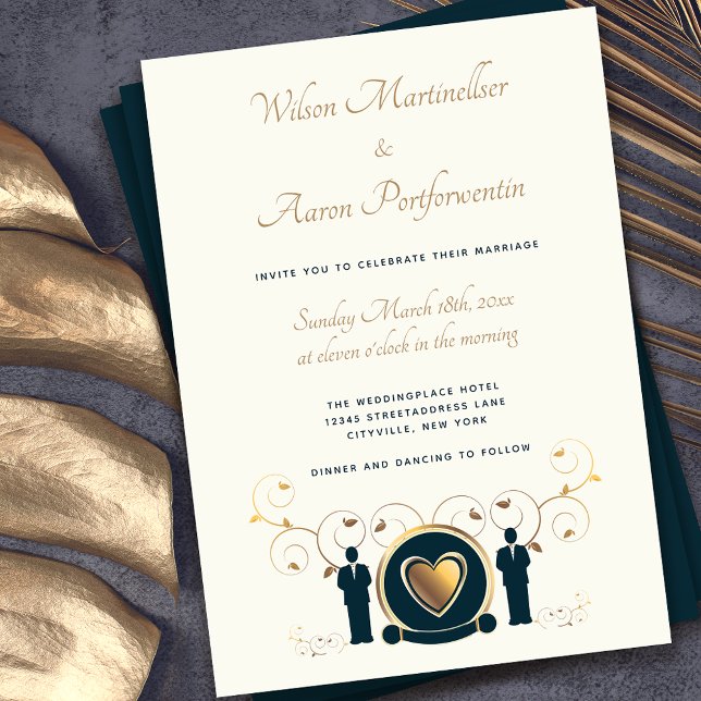 Invitation Crème Mariage Gold Heart Homme Blue LGBTQ (Créateur téléchargé)
