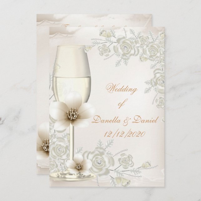 Invitation Crème mariage Sepia Champagne Fleurs de verre (Devant / Derrière)