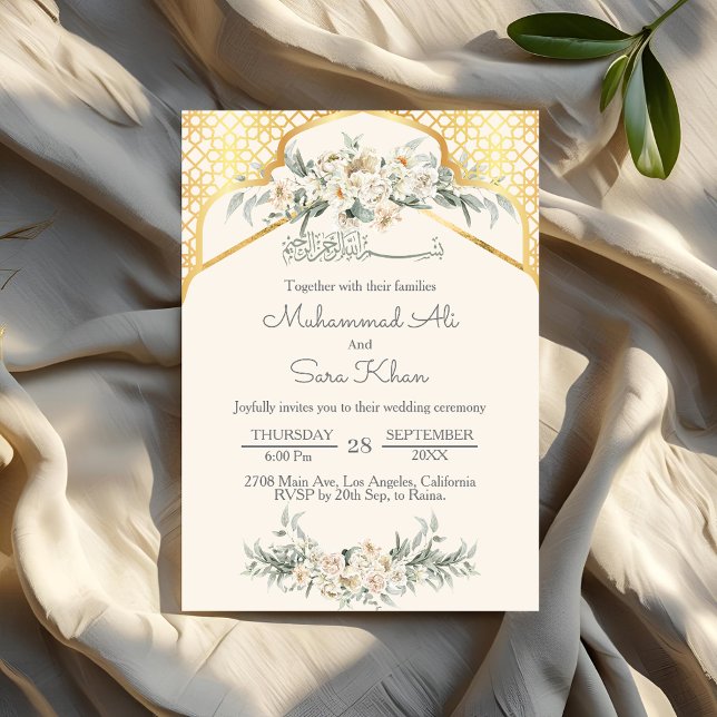 Invitation Crème minimal or floral arabe Mariage musulman (Créateur téléchargé)