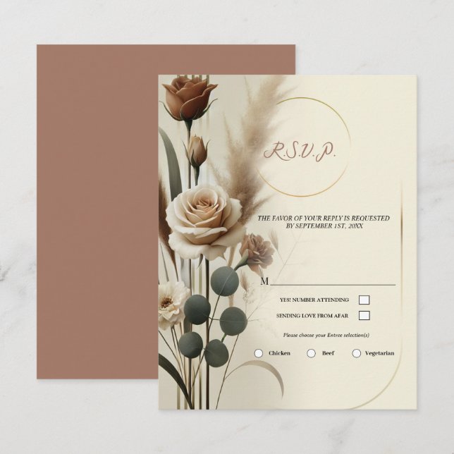 Invitation Crème & Mocha Géométrique Mariage Floral RSVP (Devant / Derrière)