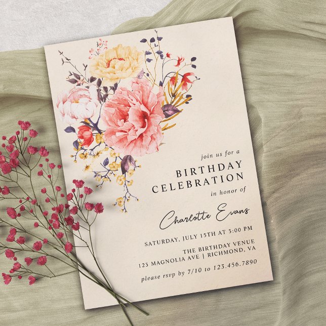 Invitation Crème neutre Floral rustique N'importe quel âge An (Créateur téléchargé)
