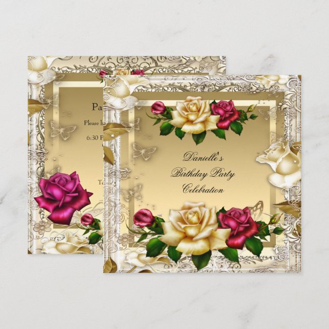 Invitation Crème Or Rose Rouge Roses Élégante fête d'annivers (Devant / Derrière)